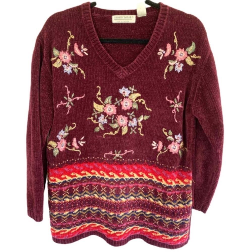 Vintage Chenille Floral Embroidered Coastal Grandmother Garden Tapestry Sweater